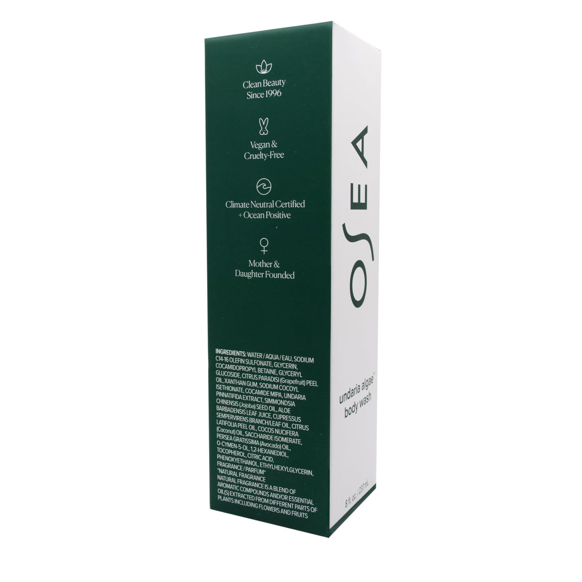 OSEA recyclable packaging close-up emphasizing ocean-responsible values