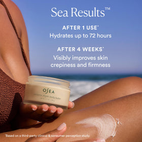 OSEA applying body butter to forearm demonstrating immediate softening benefit