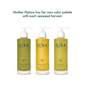 OSEA bottle staged in bathroom routine conveying daily use and luminous finish benefit