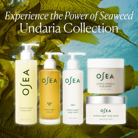 OSEA lotion bottle staged in bathroom to show everyday routine compatibility