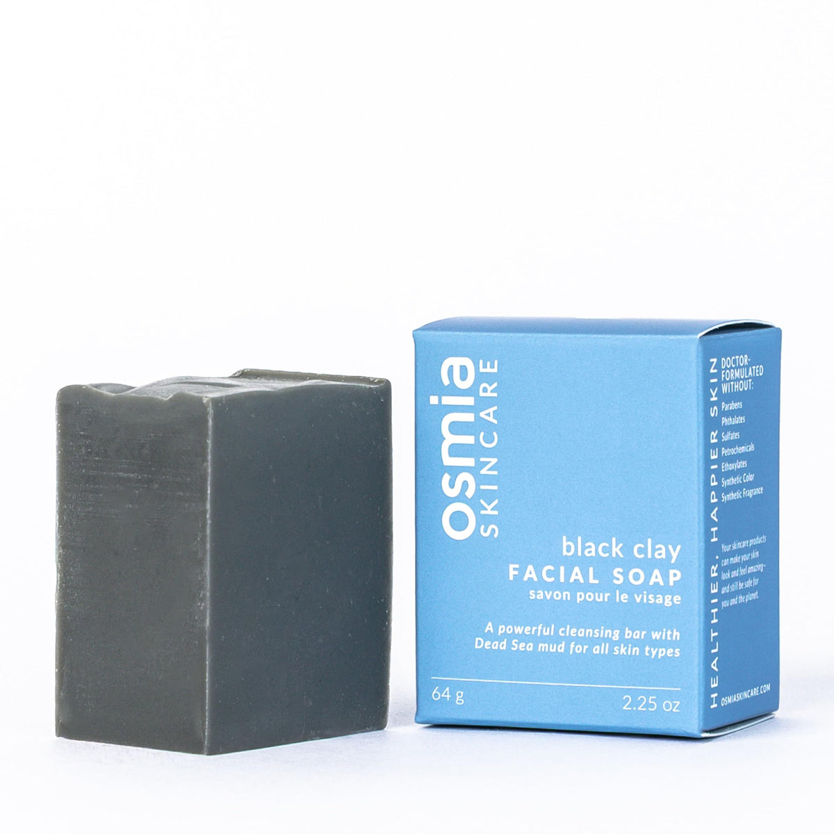 Osmia black clay soap front packaging showing clean-beauty label and ingredients
