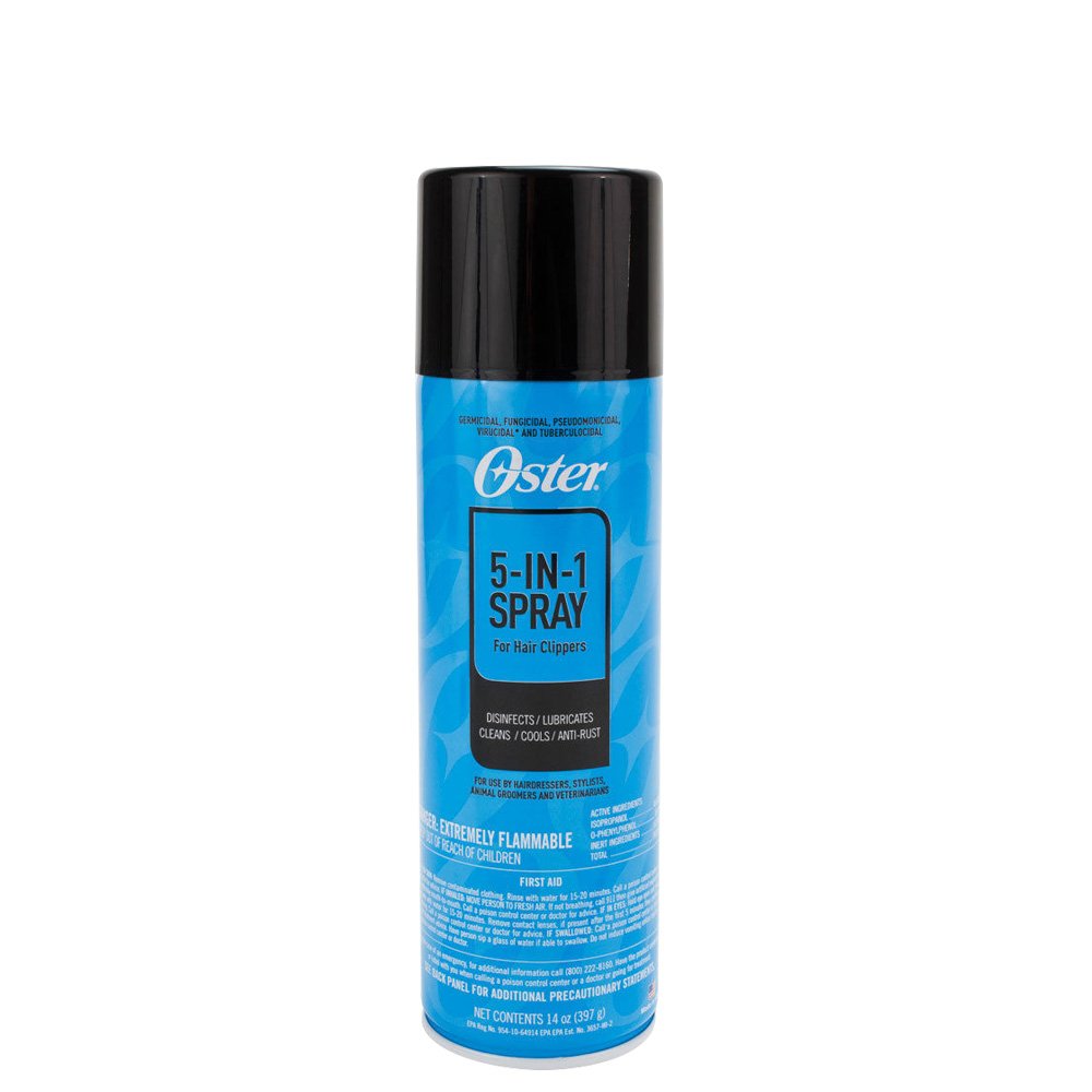 Oster spray can front label showing brand and purpose, protects blades for smooth cuts