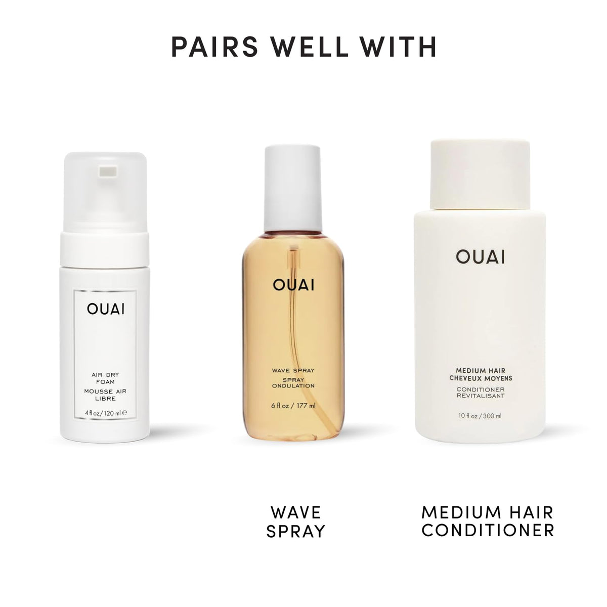 OUAI bottle staged in bathroom for effortless styling routine