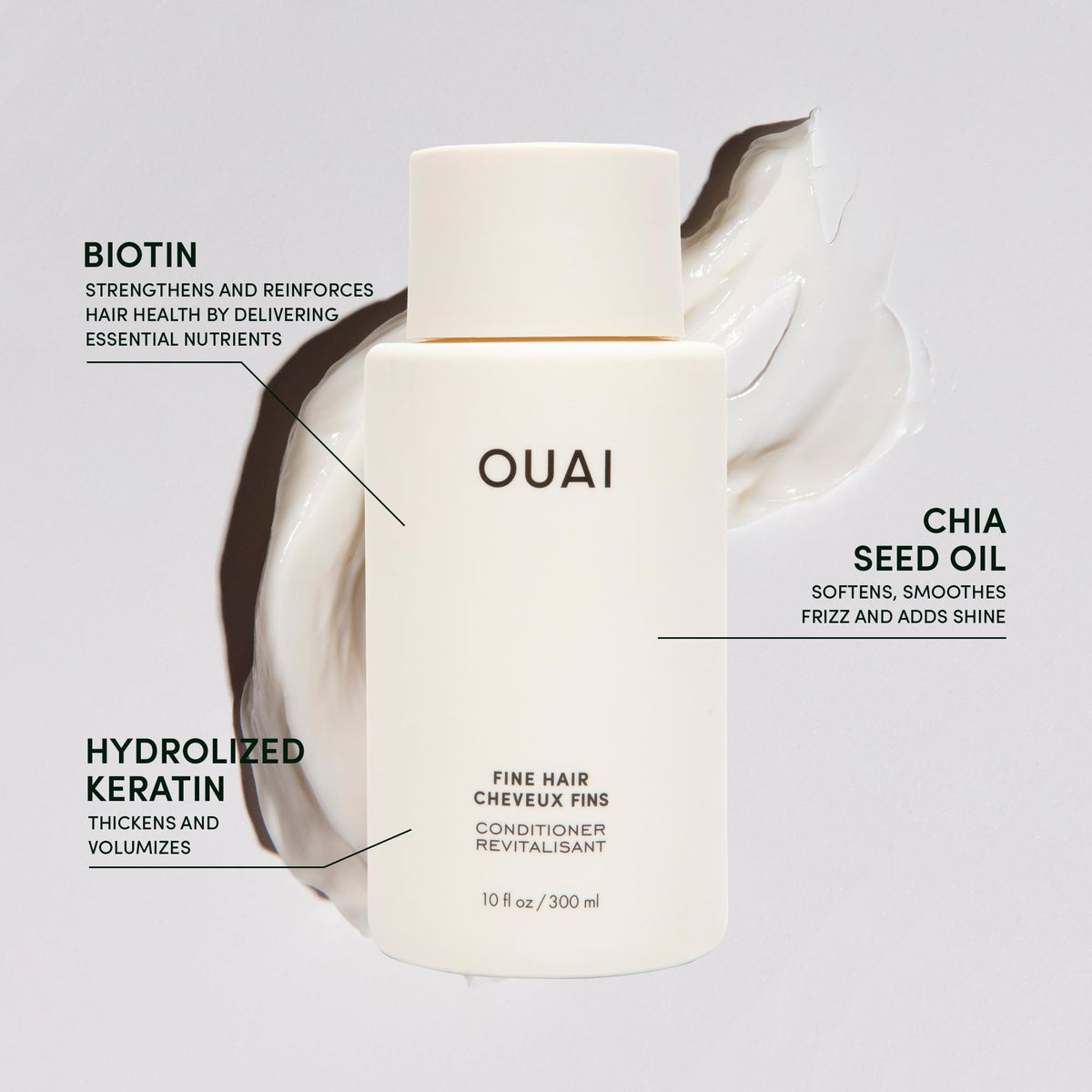 Applying OUAI conditioner to fine hair mid-lengths to boost body and manageability