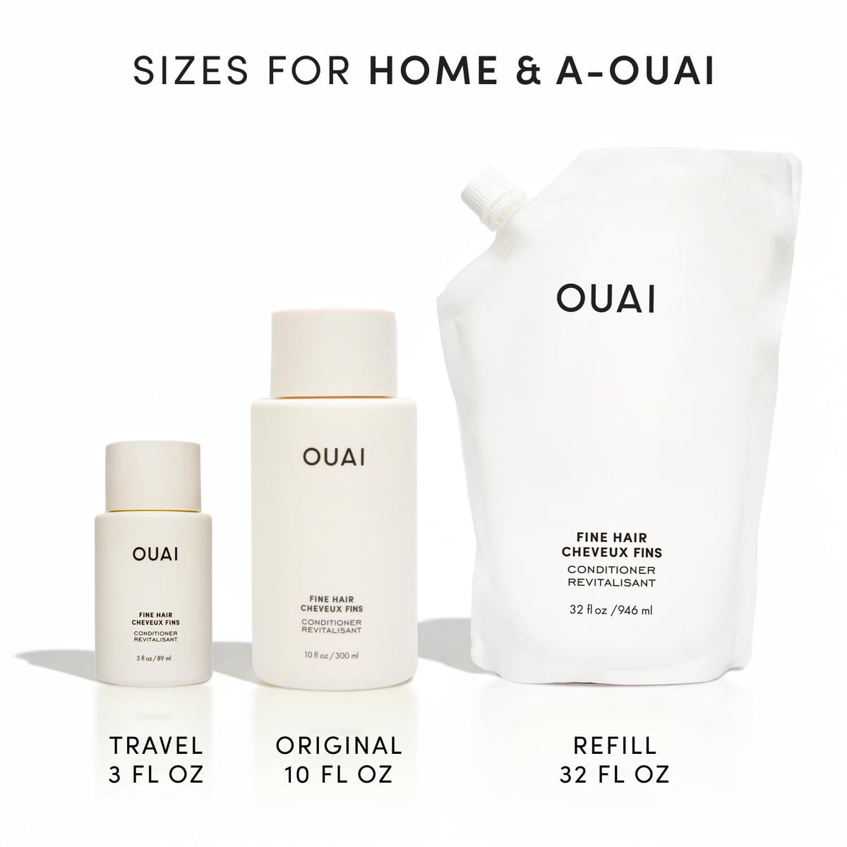 Bathroom vignette with OUAI conditioner illustrating easy daily routine and salon-like results