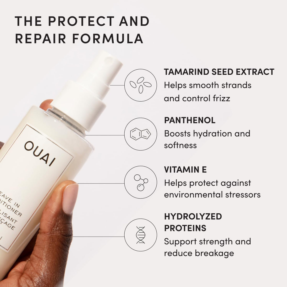 OUAI before and after detangled ends showing smoother, frizz-controlled hair