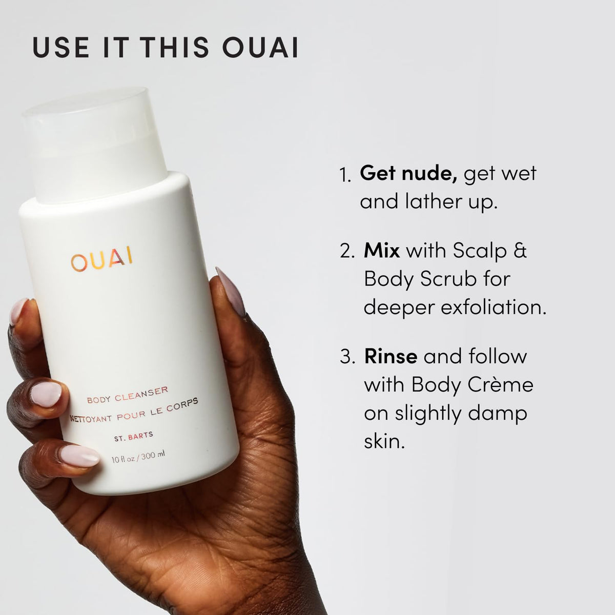 OUAI Body Cleanser back label close-up listing key ingredients and clean formulation