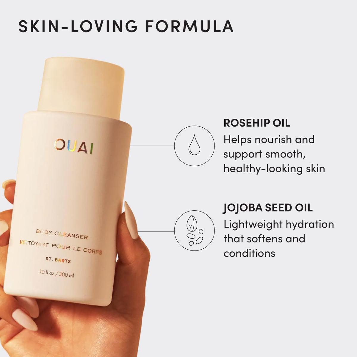 OUAI jojoba and rosehip ingredients display highlighting hydration benefits