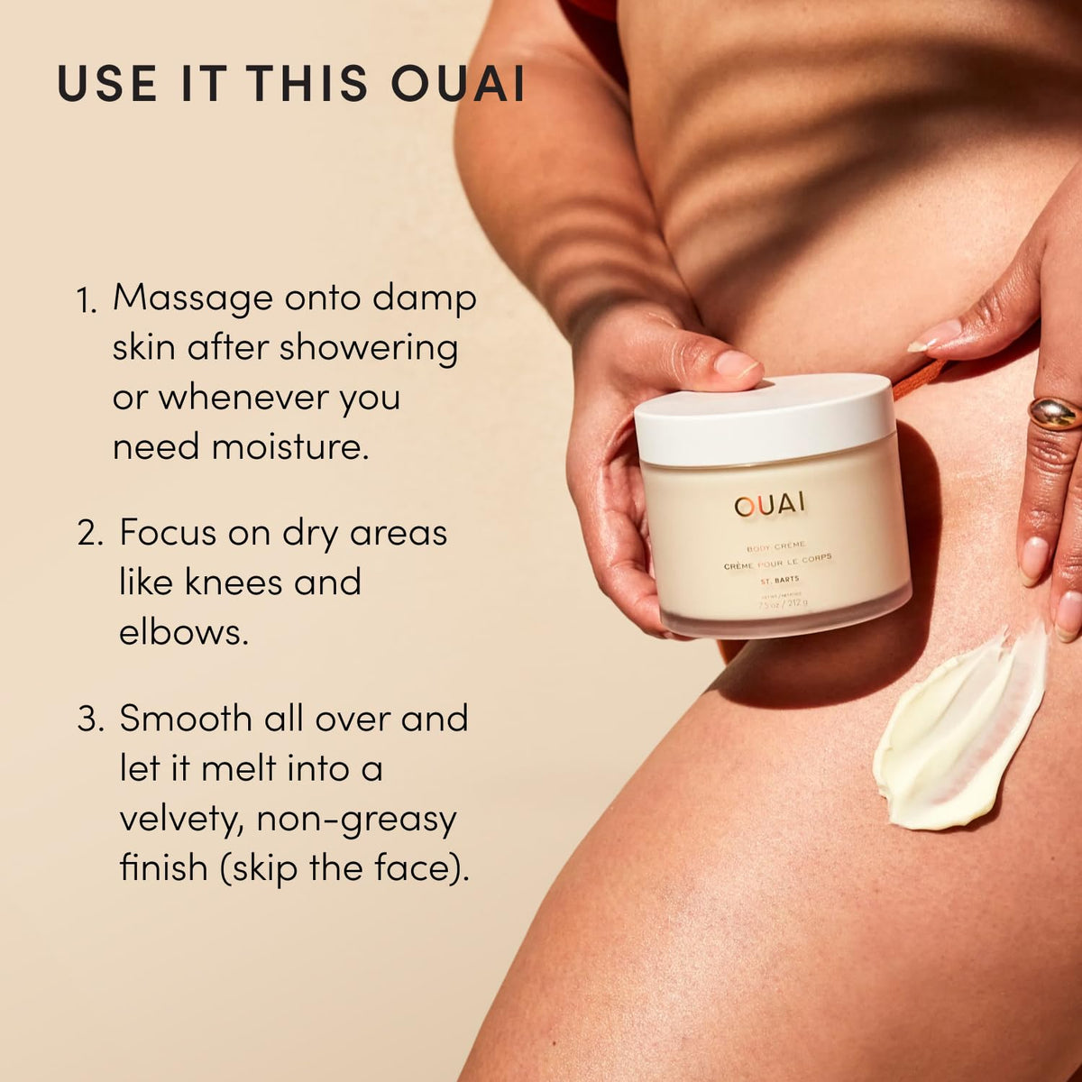 OUAI cream in beach-styled bathroom for mood and lifestyle hydration