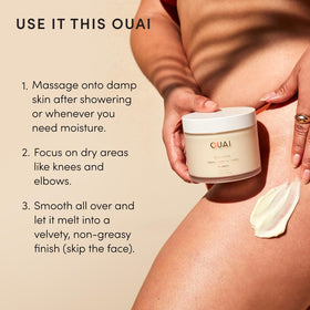 OUAI cream in beach-styled bathroom for mood and lifestyle hydration