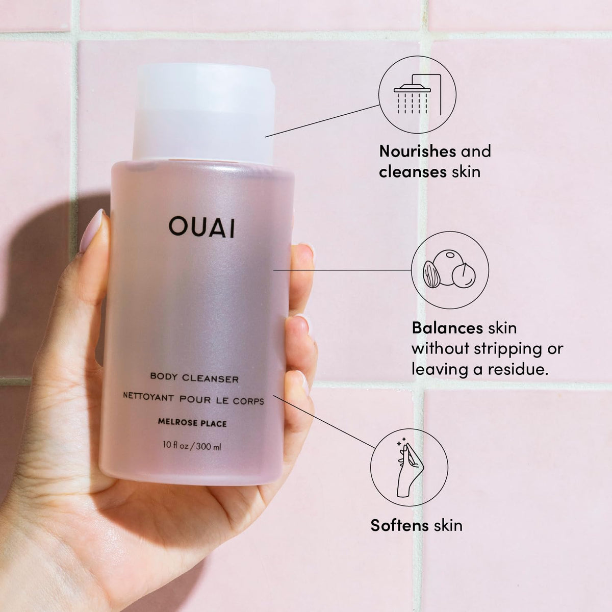OUAI body wash pump texture close-up showing creamy foam and hydrating consistency benefit: visual of lather
