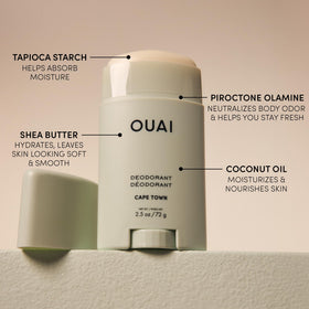 OUAI label close-up listing key ingredients like shea butter and oils