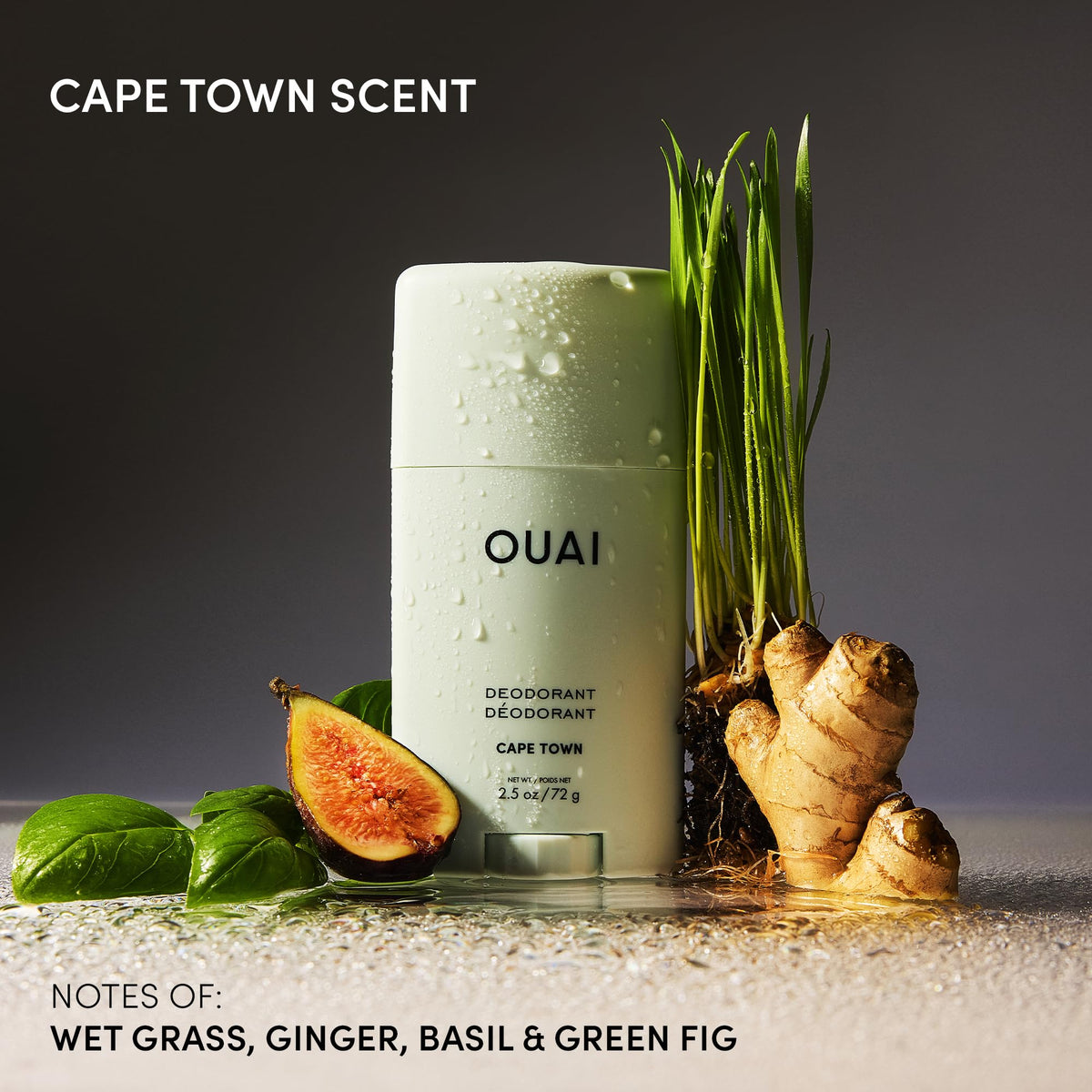 OUAI close-up of deodorant texture highlighting clear non-staining finish