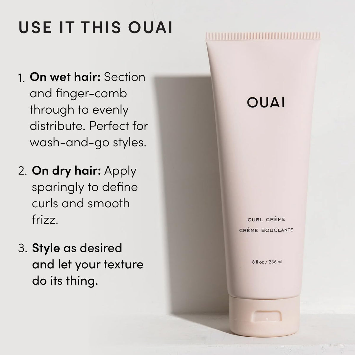 OUAI styling with diffuser and curl cream, faster drying and enhanced shape