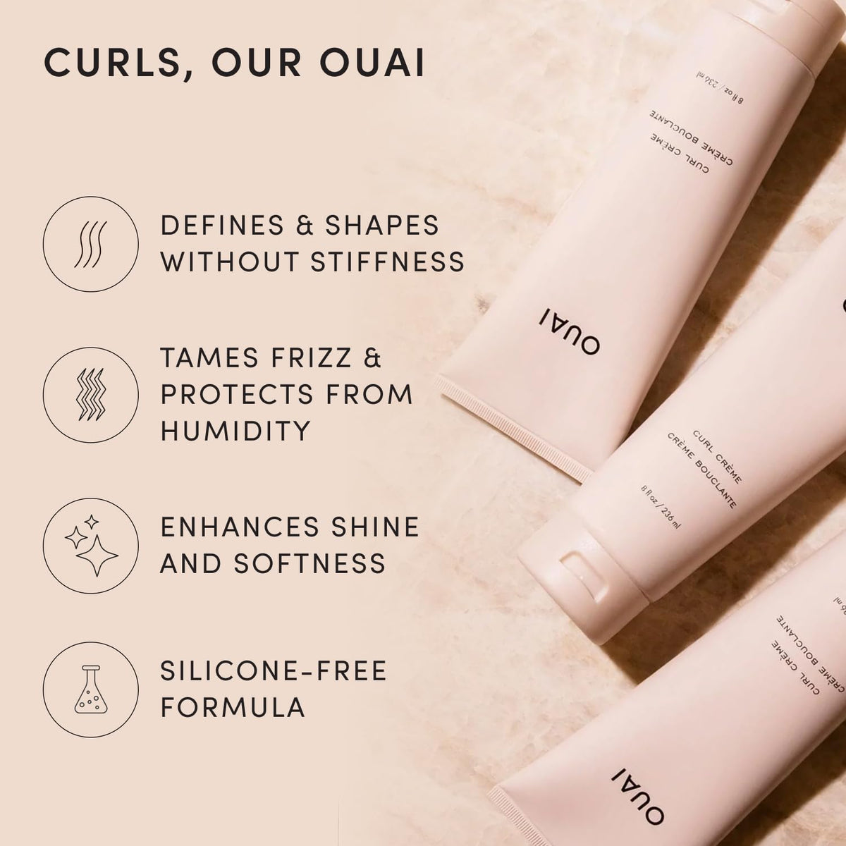 OUAI close-up of curl cream texture, creamy consistency for easy distribution