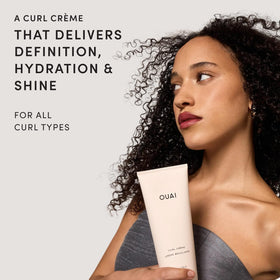 OUAI curl cream pump open showing dispensing, convenient application benefit