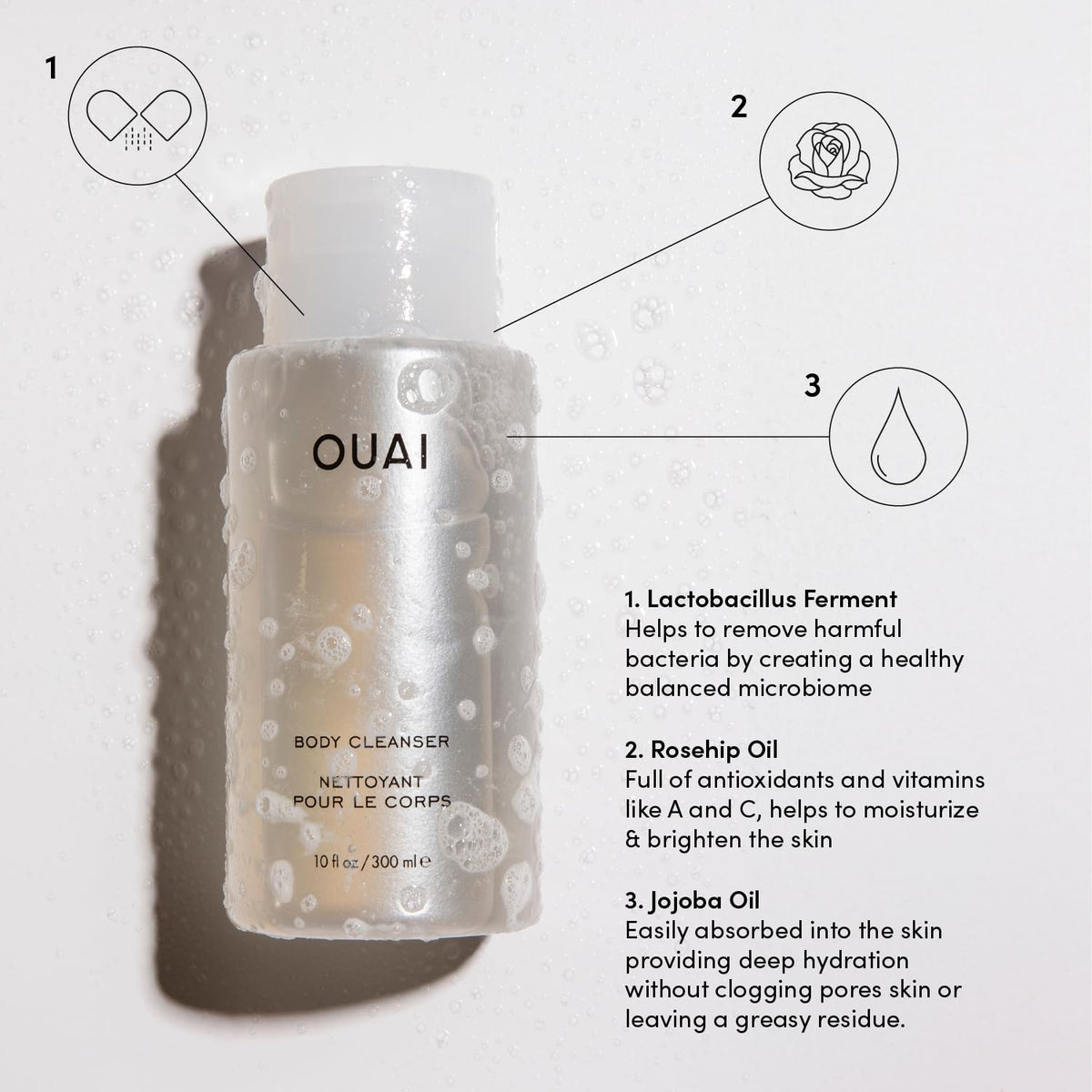 OUAI close-up of creamy foam texture highlighting hydration and gentle cleansing