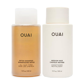 OUAI detox shampoo front view showing sleek bottle and clarifying benefit