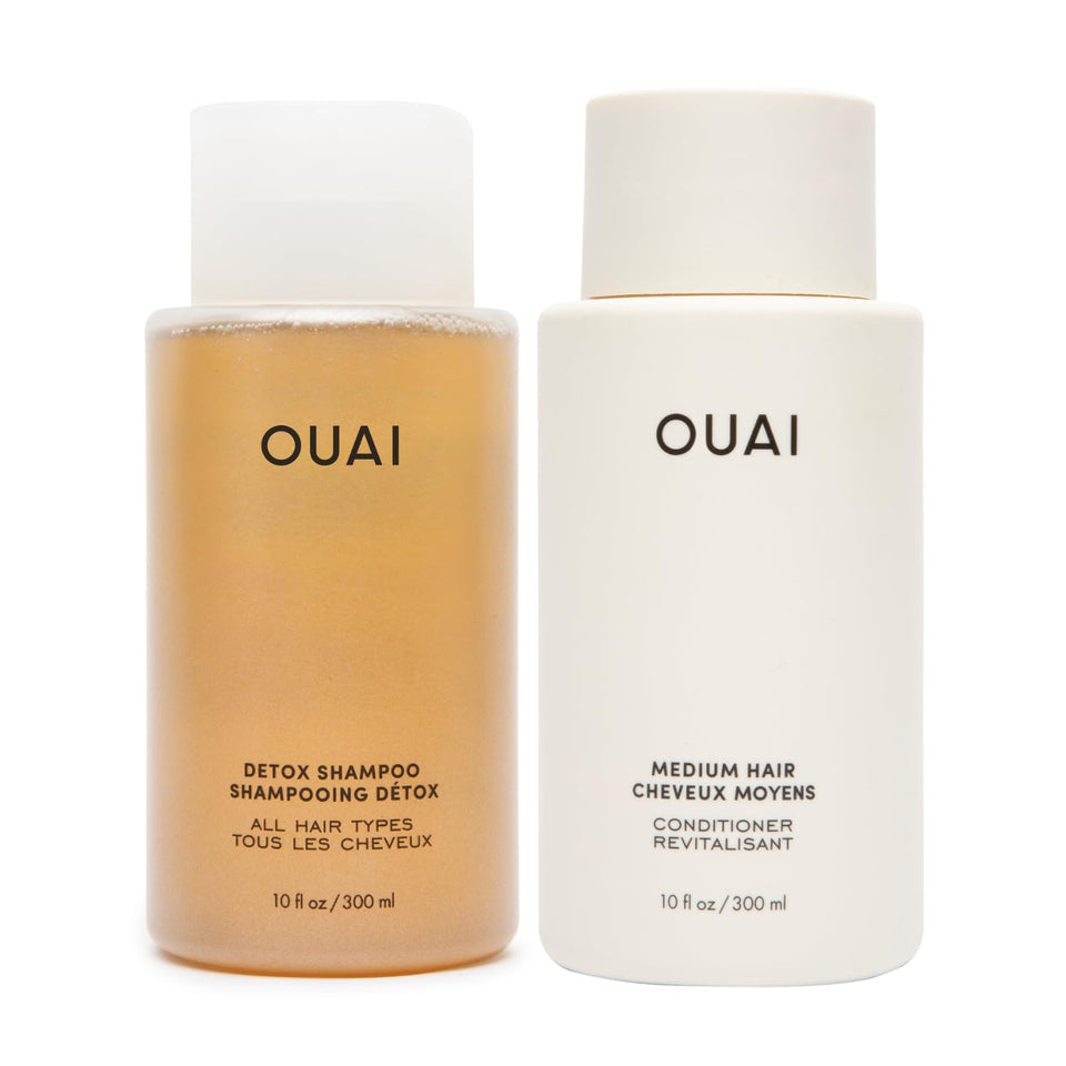OUAI detox shampoo front view showing sleek bottle and clarifying benefit