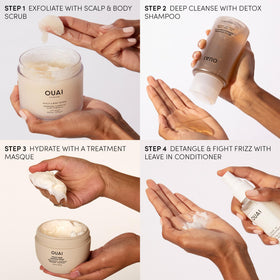 OUAI shampoo in shower being applied for effective buildup removal benefit