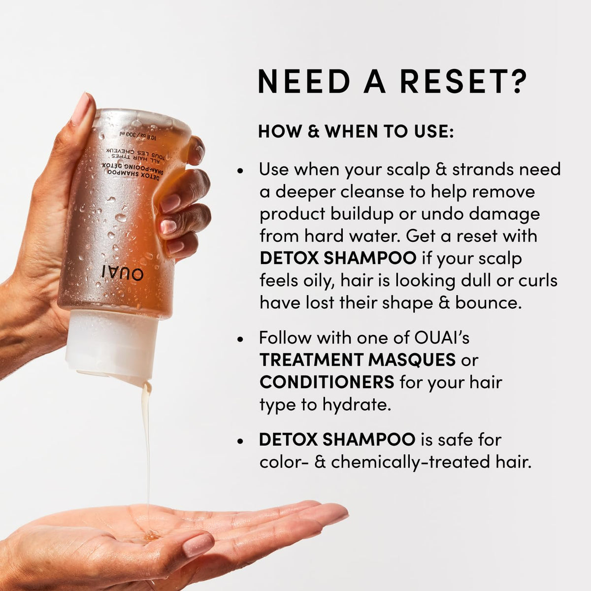 OUAI shampoo lather in hair showing clarifying action and gloss
