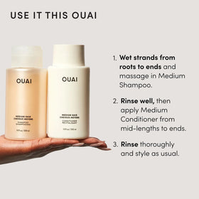 OUAI shampoo and conditioner on bathroom shelf styled for everyday routine benefit