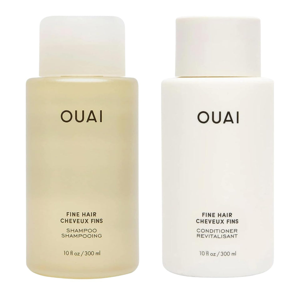 OUAI front view of shampoo and conditioner bottles showing sleek duo and easy use