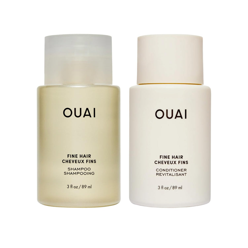 OUAI travel front packaging showing compact volumizing set benefit portability