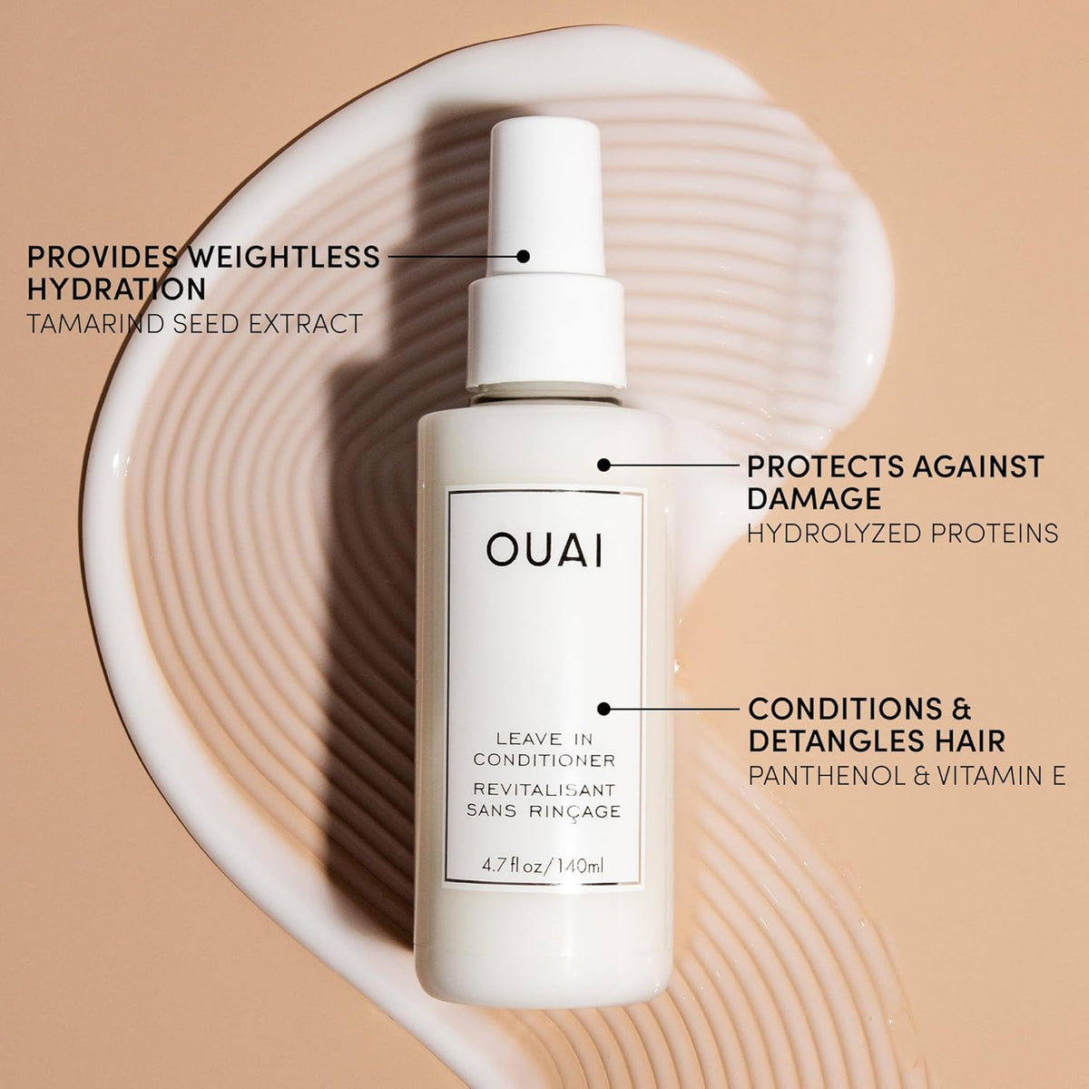 OUAI hair before and after using spray showing smoother strands