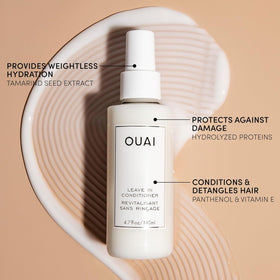 OUAI hair before and after using spray showing smoother strands