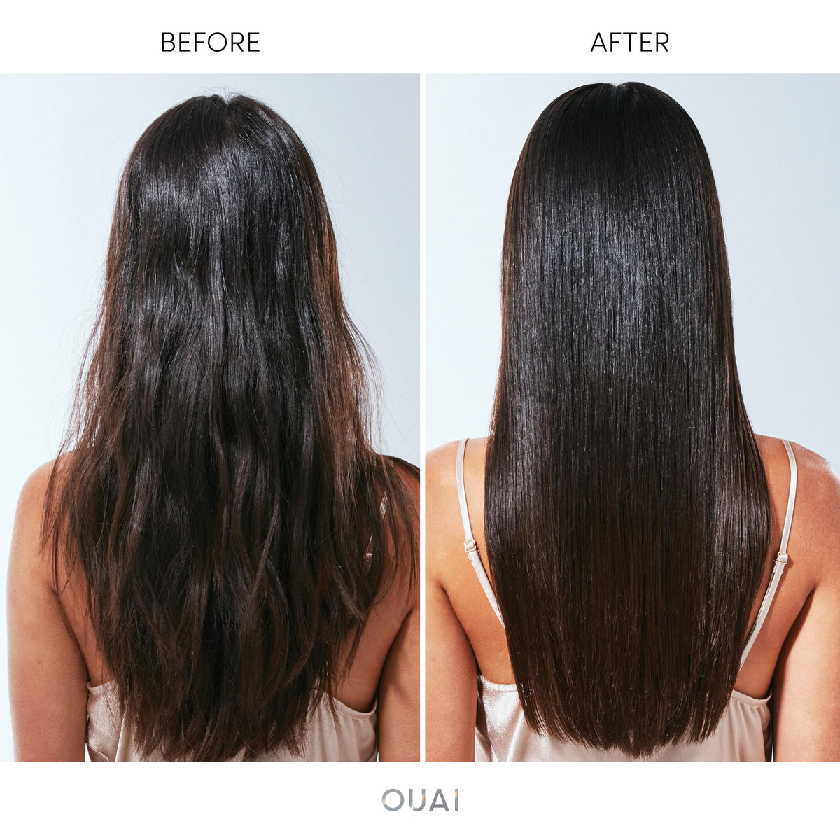 OUAI being applied in-shower on mid-lengths to ends demonstrating simple use and shine