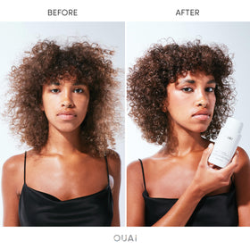 OUAI before and after hair shot showing improved shine and reduced frizz after treatment