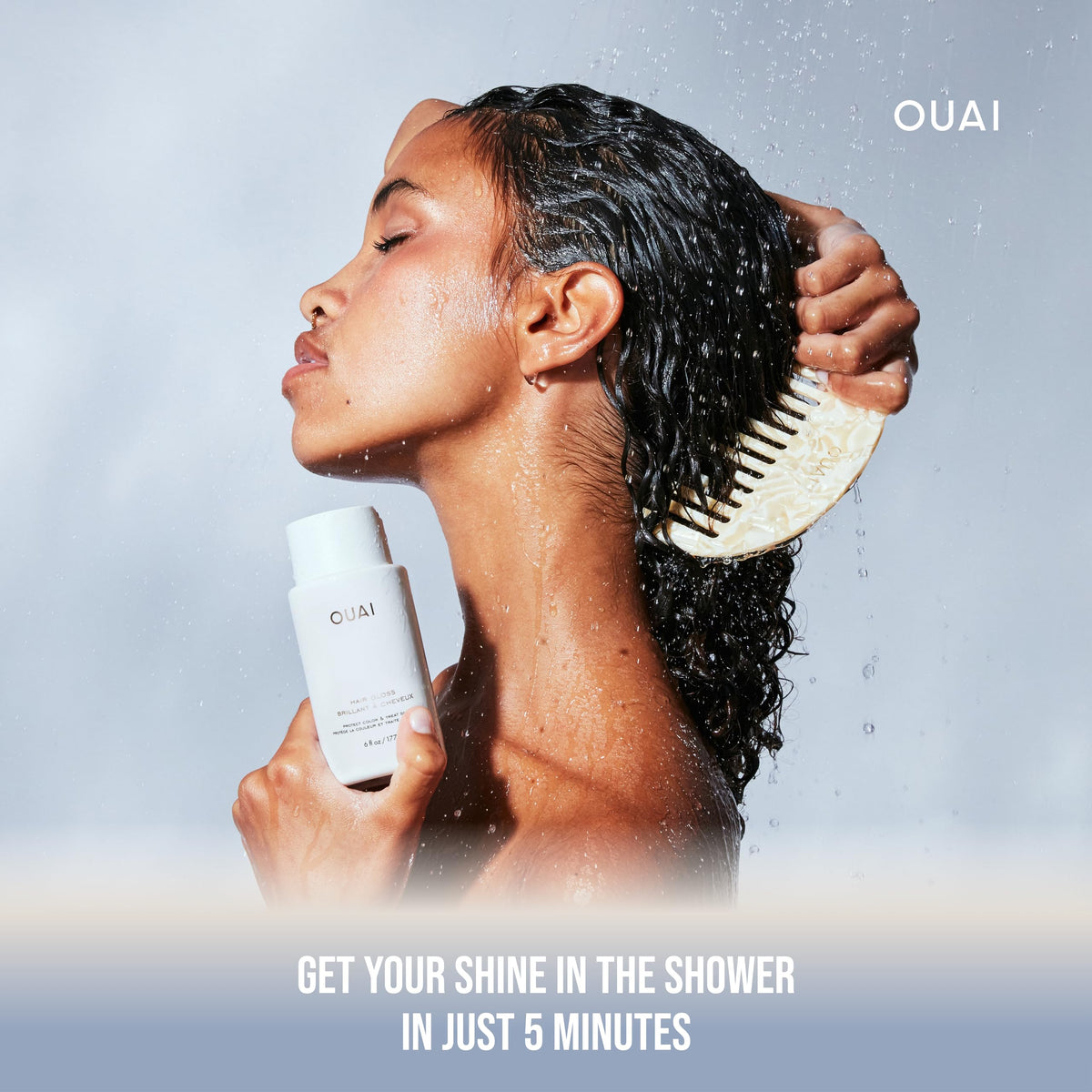 OUAI 6 oz bottle next to hand for size and scale, convenient travel-friendly benefit