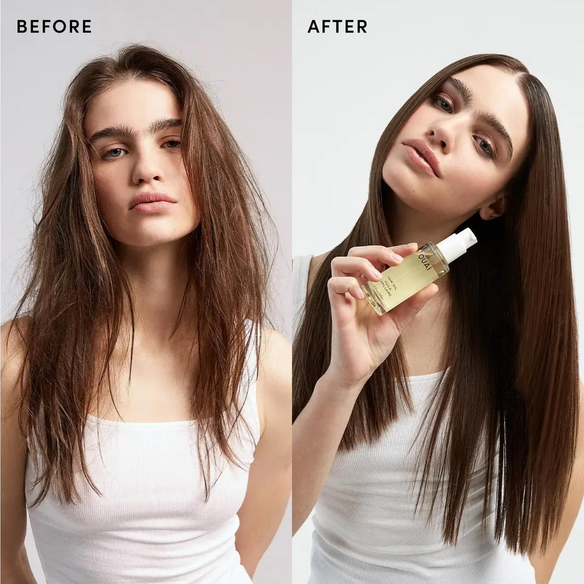 OUAI hair oil applied to damp hair demonstrating heat-protection benefit