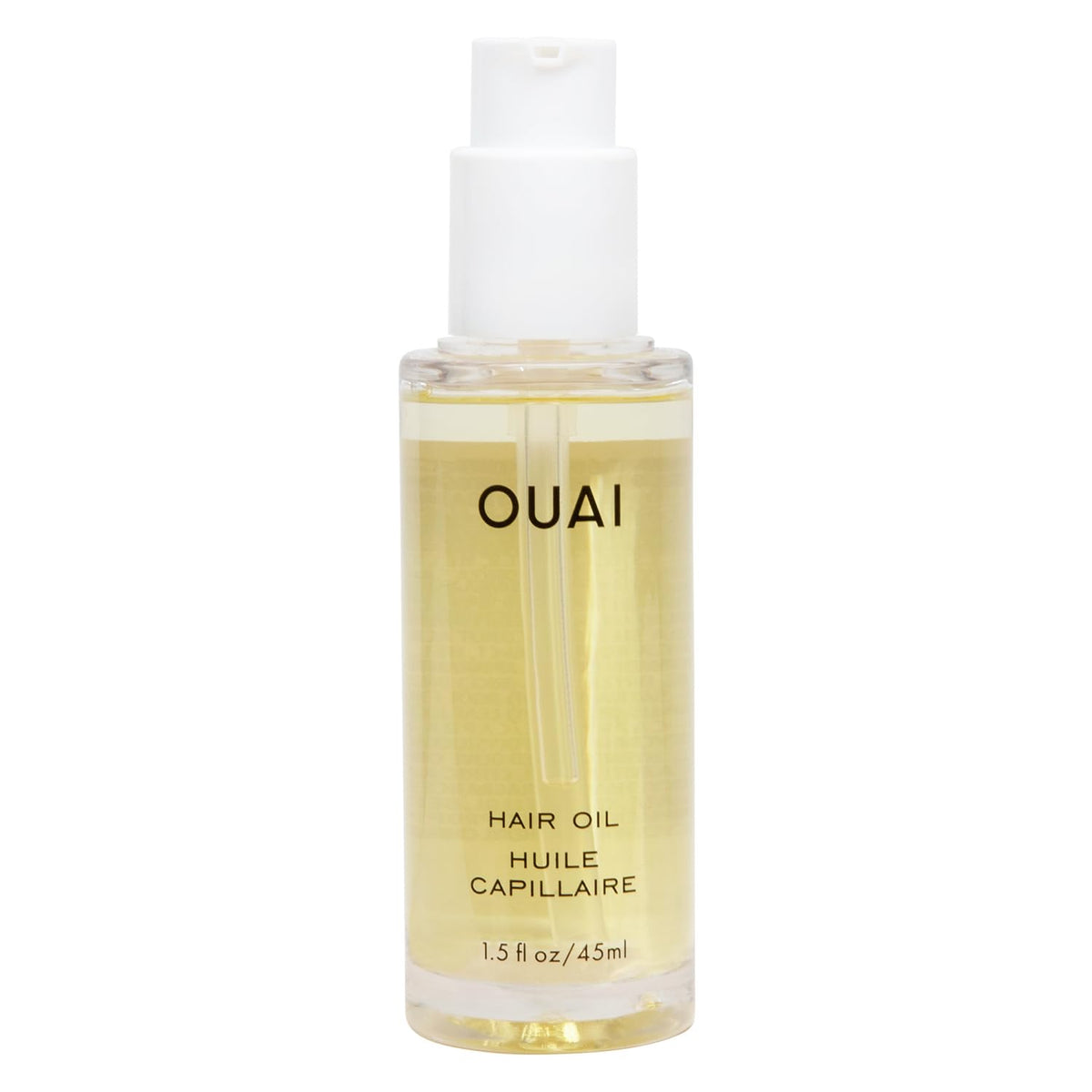 OUAI hair oil front bottle showing sleek packaging and benefit of shine