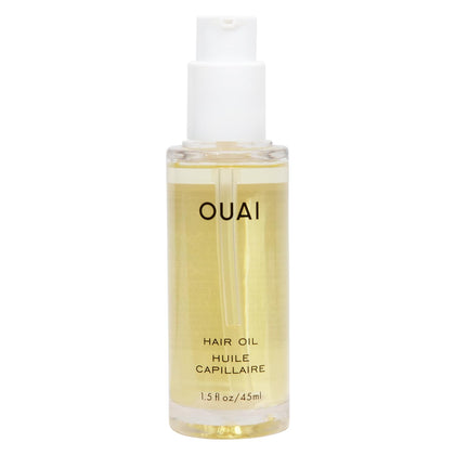 OUAI hair oil front bottle showing sleek packaging and benefit of shine