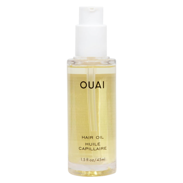 OUAI hair oil front bottle showing sleek packaging and benefit of shine