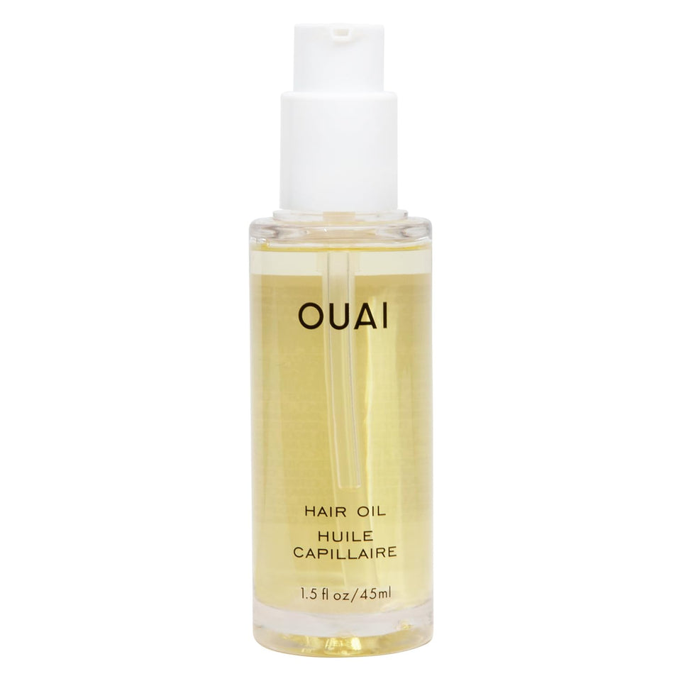 OUAI hair oil front bottle showing sleek packaging and benefit of shine