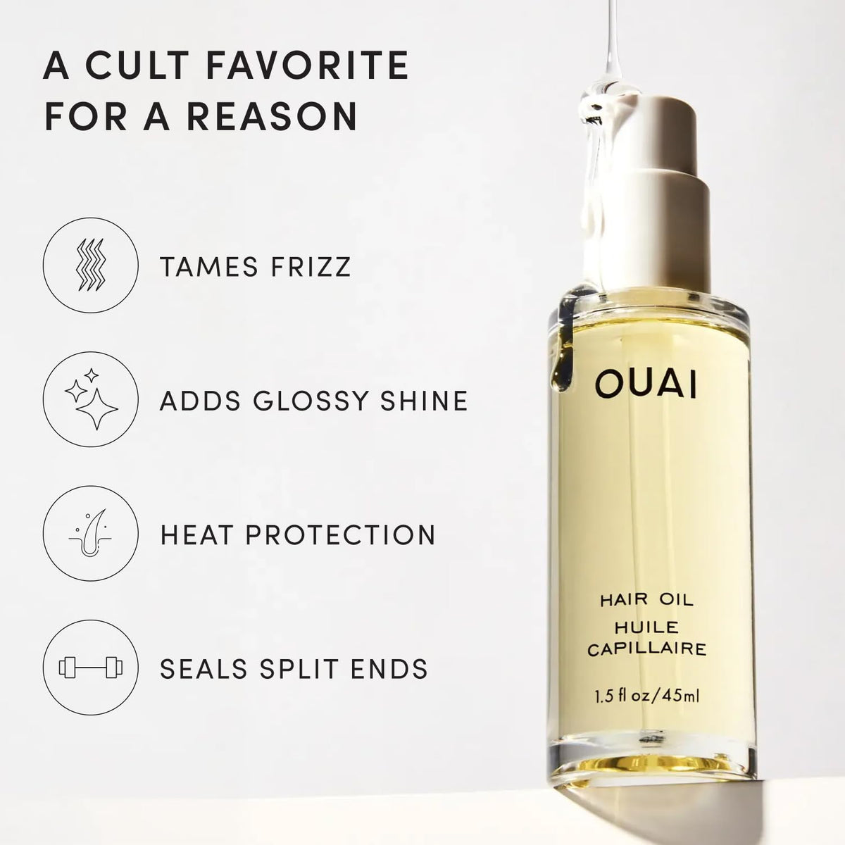 OUAI hair oil texture drop on hand showing lightweight absorption benefit
