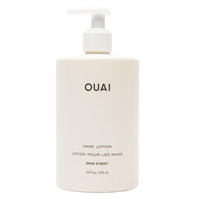 OUAI hand lotion front pump bottle showing size and easy dispensing benefit