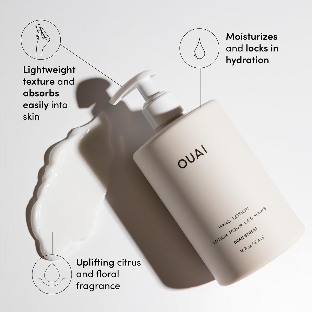 OUAI hand lotion creamy texture close-up illustrating fast-absorbing hydration