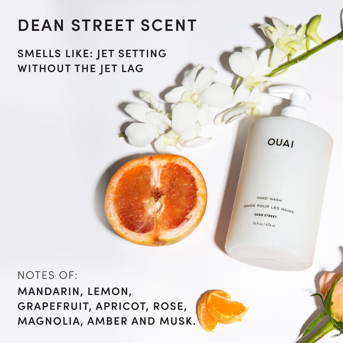OUAI bottle styled on bathroom counter promoting elevated sinkside routine