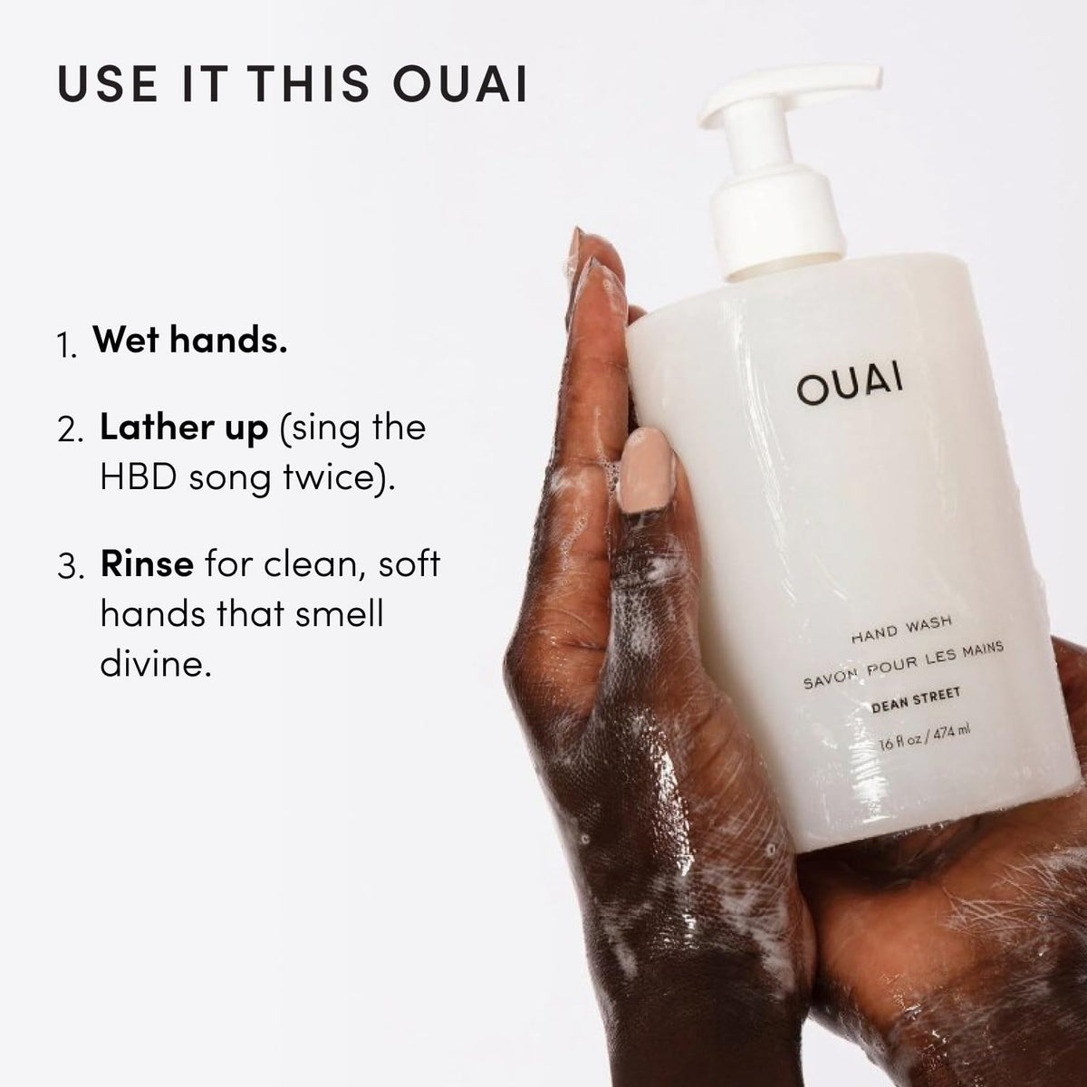 OUAI bottle by kitchen sink illustrating practical daily hand care benefits