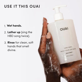 OUAI bottle by kitchen sink illustrating practical daily hand care benefits