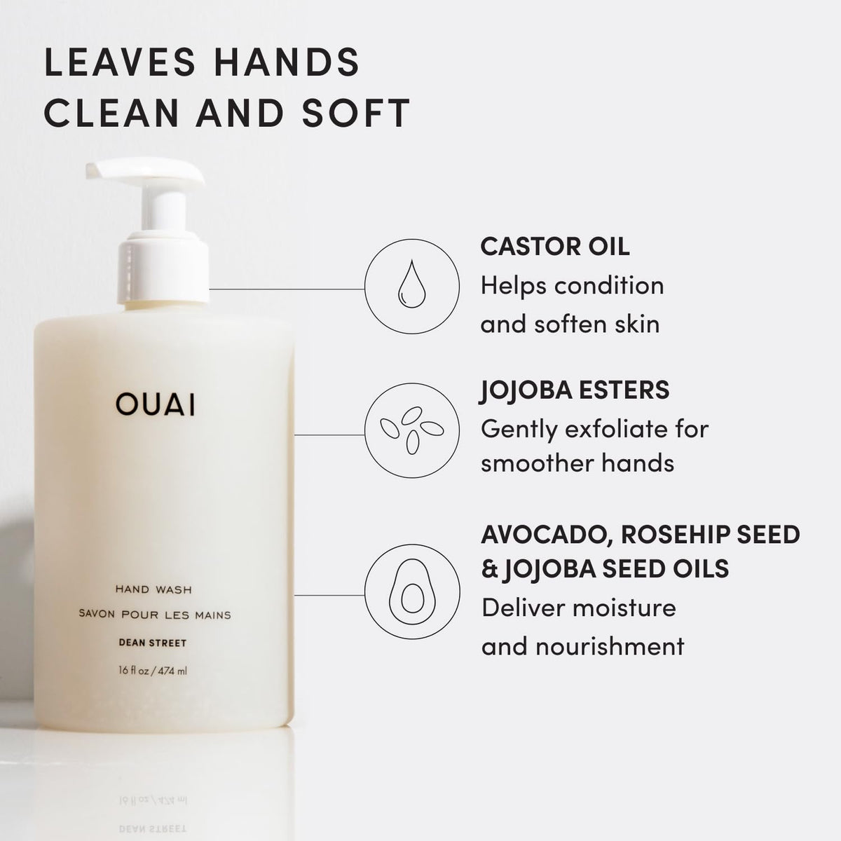 OUAI ingredient display with avocado, rose hip and jojoba showing nourishing benefits