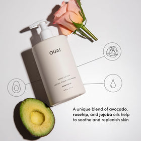 OUAI avocado jojoba rosehip oils displayed to show nourishing ingredient benefit