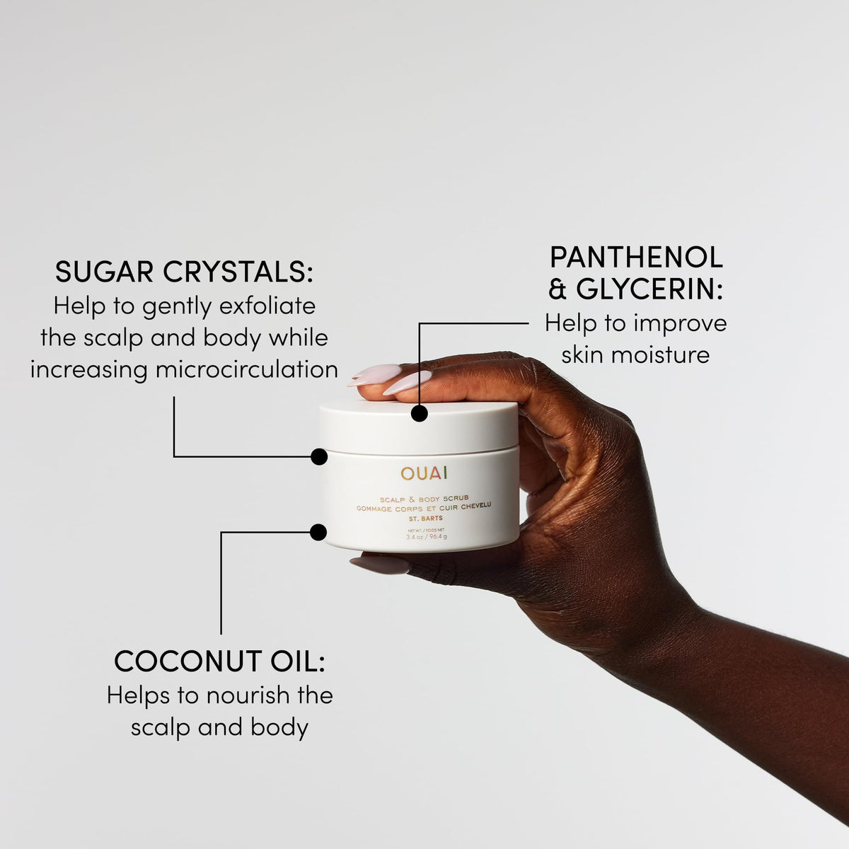 OUAI jar open with label visible showing ingredient transparency benefit