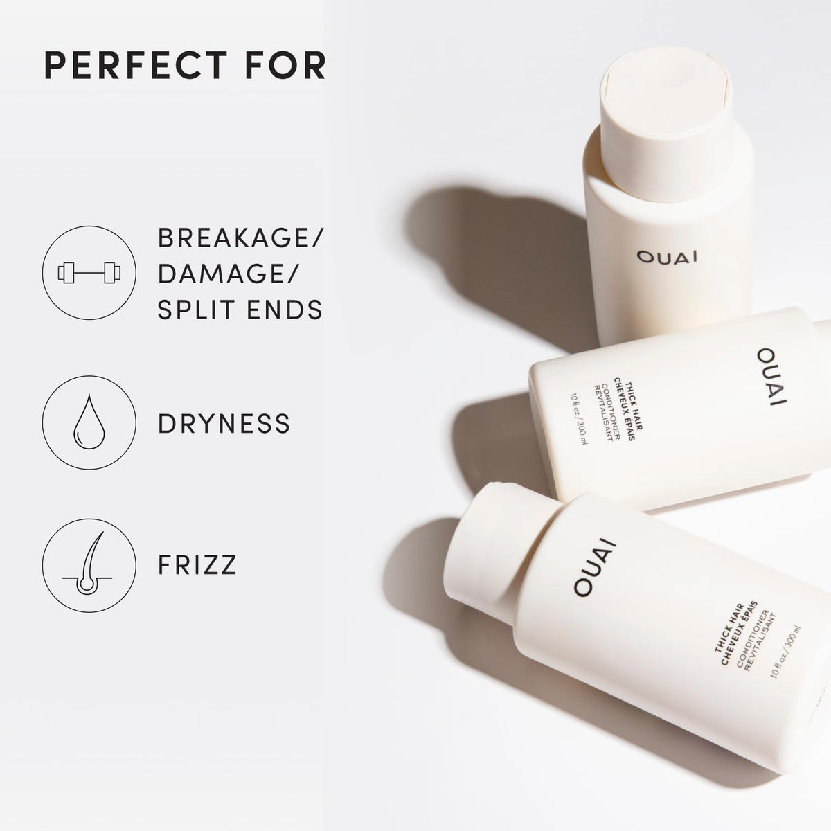 Keratin graphic over a hair strand illustrating OUAI strengthening and frizz control