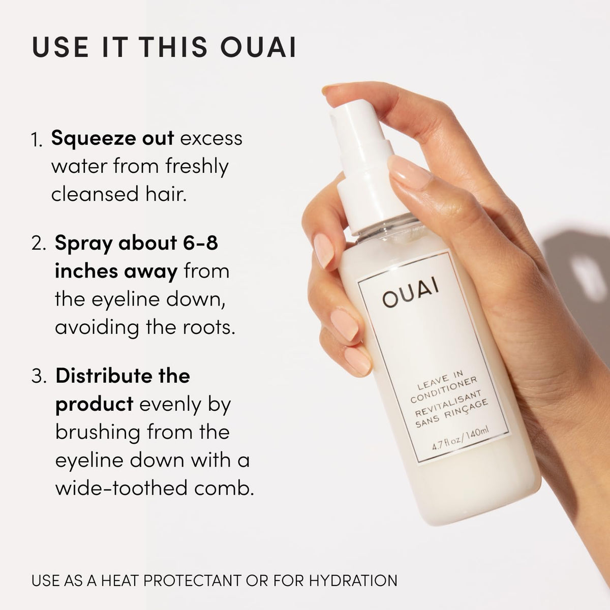 OUAI label close-up listing key ingredients like amino acids and vitamin E for strength