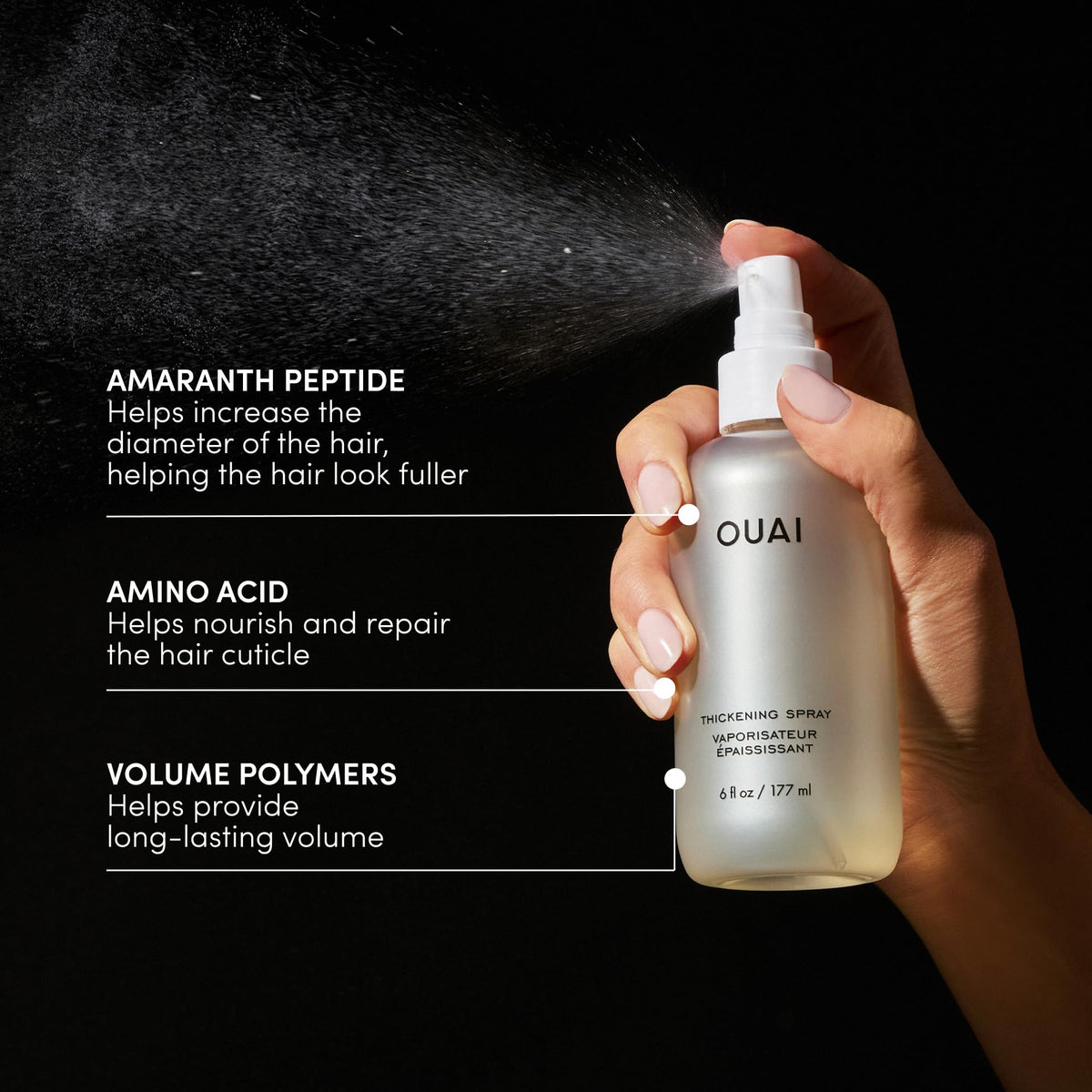 OUAI ingredient label highlighting amaranth peptide and amino acids benefit